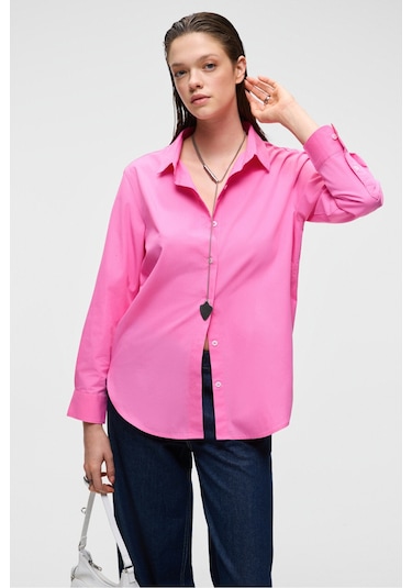 DELFINO Kadın Oversize %100 Organik Pamuk Uzun Kollu İnce Uzun Pembe Gömlek