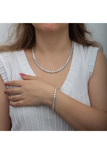 Blackcraft Gümüş Beyaz Taşlı Su Yolu Kadın Set Bc-68a809 Beyaz