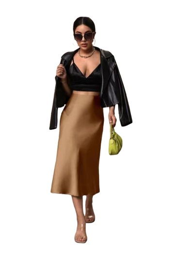 Kadın Saten Kalça Balık Etek Koyu Kahverengi