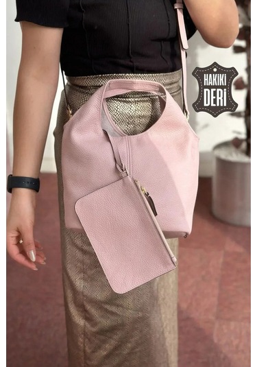 Hakiki Deri Kadın El Çantası Pudra Smr9200 Pudra