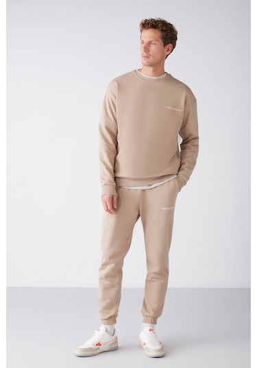 Marshall Erkek Pamuklu Içi Polarlı Nakışlı Relaxed Bej Eşofman Takımı
