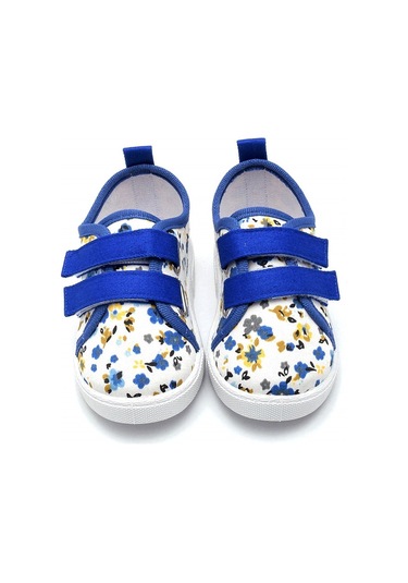 Çiçek Desenli Çift Cırtlı Keten Spor Çocuk Ayakkabısı-saks-f-498 Saks