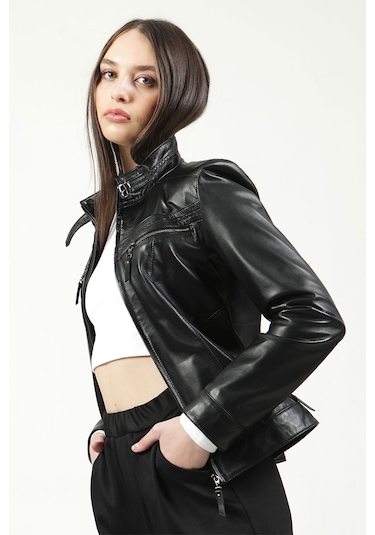 Dericlub Yb-2107 Gerçek Deri Kadın Mont Siyah