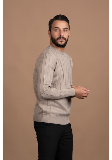 Sıfır Yaka Kendinden Çizgili Likralı Akrilik Mevsimlik Kazak Açık Kahverengi