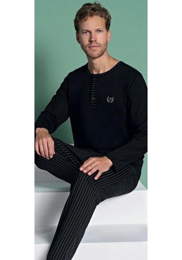 Pijadore Erkek %100 Pamuk Süprem Mevsimlik Uzun Kollu Pijama Takımı 1931 Siyah