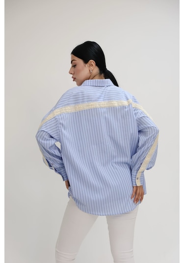 Koza Butik Kadın Dantel Şerit Detaylı Oversize Gömlek 1900-25 Siyah