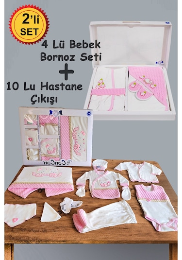 10 Parça Pembe Kedili Hastane Çıkışı Ve 4 Parça Bebek Bornoz Seti Pembe