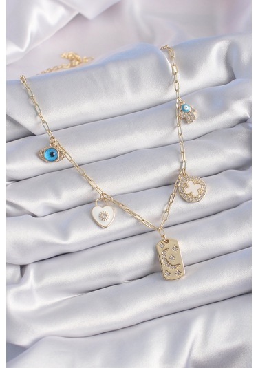 Gold Renk Zirkon Taşlı Çoklu Figür Model Şans Kolyesi - Ebj241012w28458 Bakır