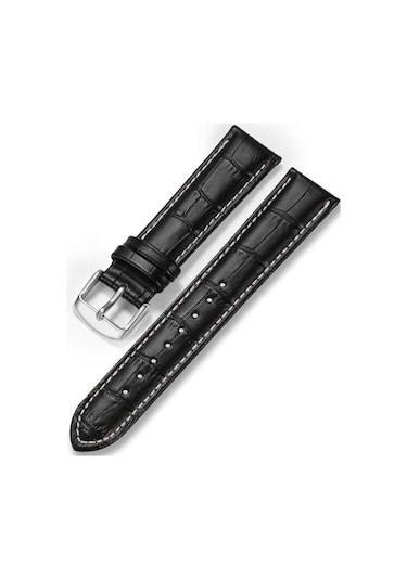 22 Milim Hakiki Dana Derisi Beyaz Dikişli Siyah Saat Kayışı