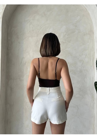 Kazax Kemer Detaylı Gabardin Şort Krem S25289 Krem