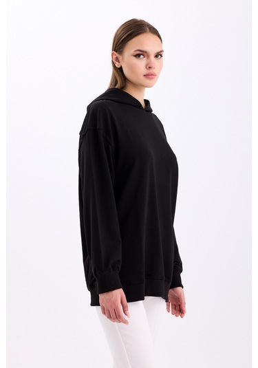 Pastelastore Pamuklu Kapüşonlu 2 İplik Baharlık Oversize Sweatshirt Siyah