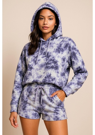 Kadın Lila Kapüşonlu Sweatshirt-şortlu Alt Üst Takım Oversize Batik Desen İkili Takım Çok Renkli