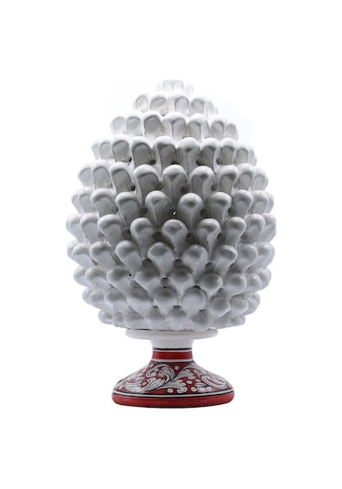 Beyaz Dekoratif Kozalak Kırmızı İşlemeli 40 Cm