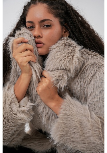 Kadın Kemerli Oversize Kürklü Kaban 9156 - Taş Taş
