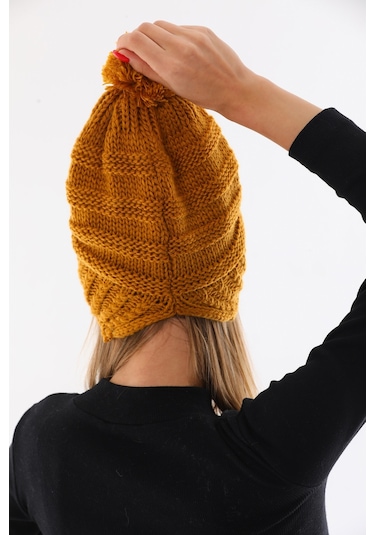 Kadın Kalın Hardal Örgü Ponponlu Bere Hardal