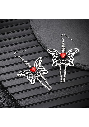 Dükkan Design Red Heart Butterfly Skeleton Küpe Gümüş - Gri