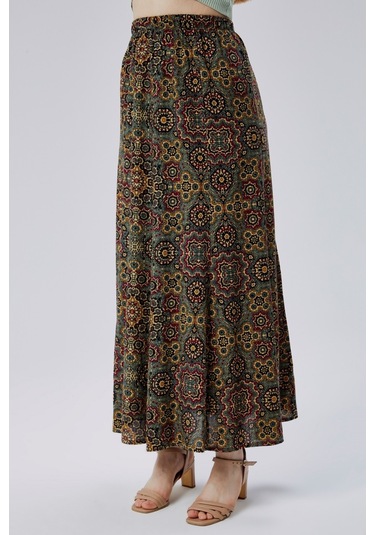 Bw Best Woman Viskon Kumaş 8 Parça Uzun Kadın Etek- Yeşil Desenli Çok Renkli
