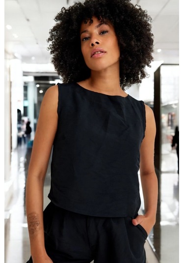 Yazlık Rahat Alt Üst Kolsuz İkili Keten Takım siyah