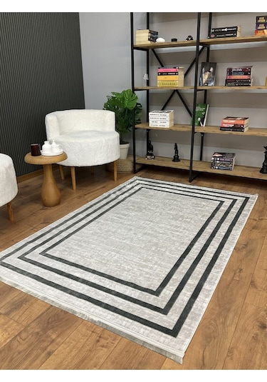 Saraz Halı Çerçeve Model Bambu Yıkanabilir Parlak Halı Gri Çizgi Gri-gri