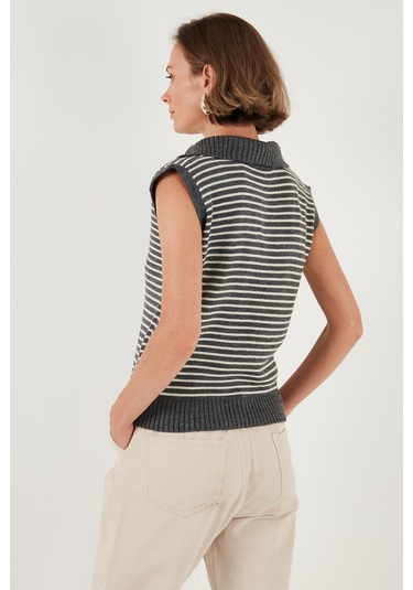 Lela Çizgili V Yaka Triko Bayan Süveter 4616171 Koyu Gri-Krem