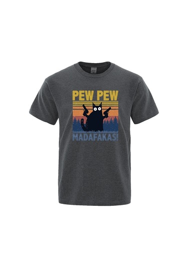 Teekossc Pew Pew Madafakas Erkek Kısa Kollu Komik Kedi T-shirt Vintage Yazlık Ekip Üstü Streetwear Chınagreen Green