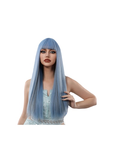 Mavi Uzun Düz Saç Kaküllü Peruk Yumuşak Ve Rüya Gibi Kadın Peruk Sentetik Peruk Doğal Alabilir Isıya Peruk Kaynak Çıtçıt 58638774