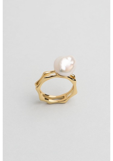 18 Ayar Sarı Altın Kaplama Gümüş Pearlshine İnci Yüzük Sarı