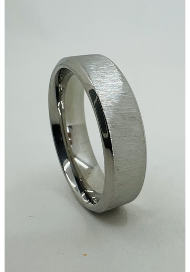 Takı Dükkanı Kişiye Özel İsim Yazılı Köşeli 6mm Mat Fırçalanmış Düz Unisex Çelik Yüzük Alyans Cl47y Beyaz