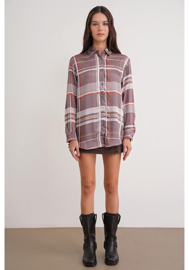 4751 Kadın Ekose İnce Saten Gömlek Bej Bej