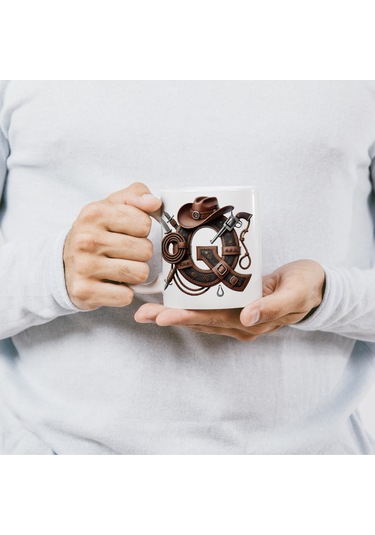 Q Harfi Kovboy Temalı Bardak 330 Ml İsim / Harf Kişiye Özel Hediye - Vahşi Batı Konsept Beyaz