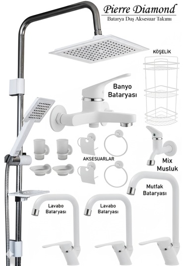 8962 Mutfak Lavabo Banyo Bataryası Robot Duş Takımı Köşe Borulu Musluk Armatür Siyah Beyaz Krom Renkler Beyaz - Krom