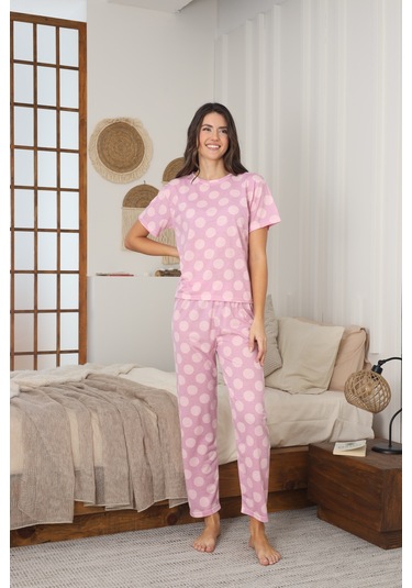 Kadın Yazlık Kısa Kol Penye Süprem Kumaş Pijama Takımı Koyu Pembe