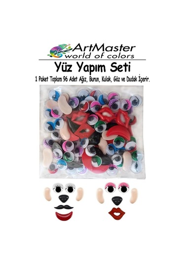 Yüz Yapım Seti Renkli Oynar Göz 12 Mm 96 Lı 1 Paket Ağız Kulak Burun Bıyık Dudak Plastik Anasınıfı Etkinlik Hobi Tasarım