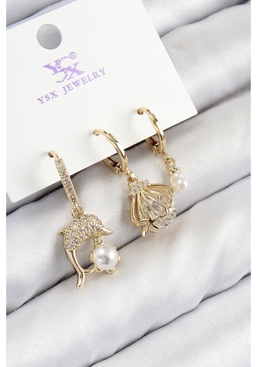 Pirinç Zirkon Taşlı 3'lü Yunus Balığı Ve İstiridye Model Gold Renk Kadın Küpe Çok Renkli