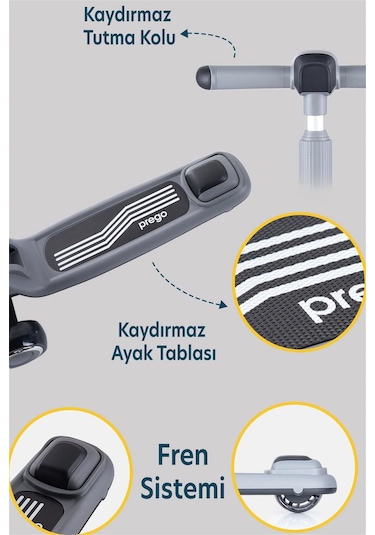 Prego Flow Müzikli Işıklı Oturaklı Scooter Gri K604 Gri