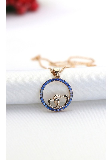 Mavi Nano Taşlı Kalp Gümüş Kolye (479068387)-Rose Gold