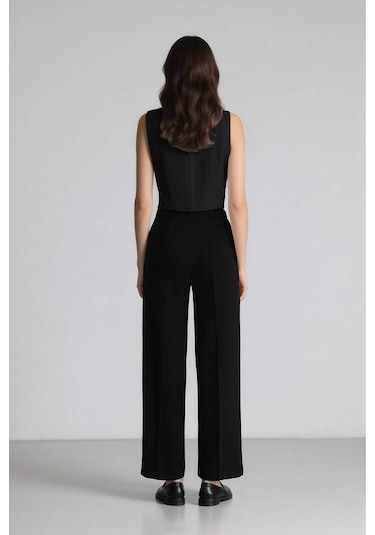 DeFacto Palazzo Çift Cepli Yüksek Bel Düz Paça Cepli Krep Kumaş Klasik Kumaş Pantolon D9541AX24AUBK81 Siyah