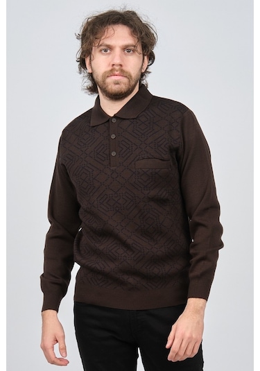 Ateş Triko Erkek Cep Detaylı Polo Yaka Desenli Yün Kazak 6092097 Kahverengi
