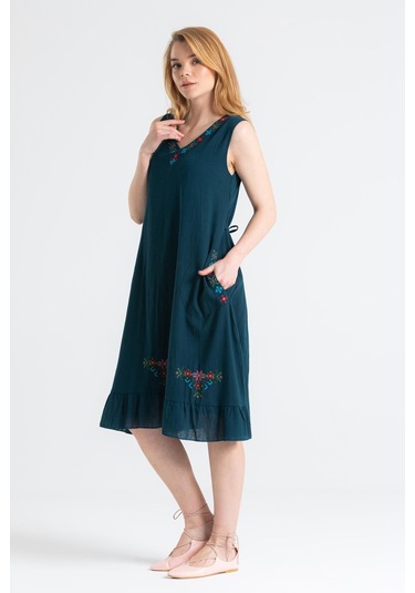 Kolsuz Şile Bezi Mehtap Midi Boy Elbise Petrol Ptrl-petrol