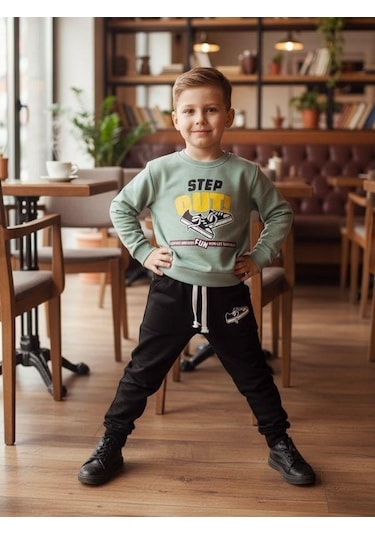 Zekids Erkek Çocuk Pamuklu Step Out Baskılı Eşofman Takımı-16348 Yeşil
