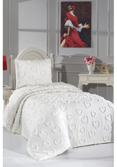 Çeyiz Diyarı Pure Love 2 Parça Tek Kişilik Pike Takımı Krem Krem