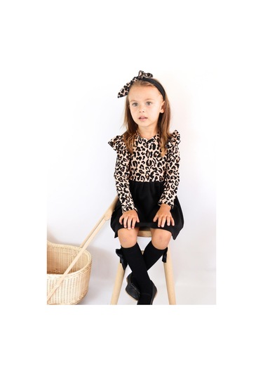 Kız Çocuk Leopar Desenli Uzun Kollu Fırfırlı Elbise Bandana Takım Elb-0059 Siyah