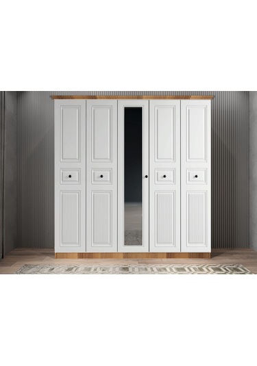 Riyad Membran 5 Kapaklı Gardırop Montaj Dahil Ceviz Beyaz 175 Cm