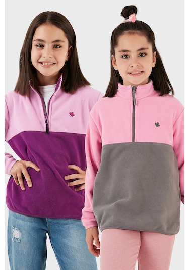 Lela Yumuşak Dokulu Yarım Fermuarlı Renk Bloklu Dik Yaka 2'Li Paket Çocuk Polar 5905004S2 Şeker Pembe Gri-Şeker Pembe Mor