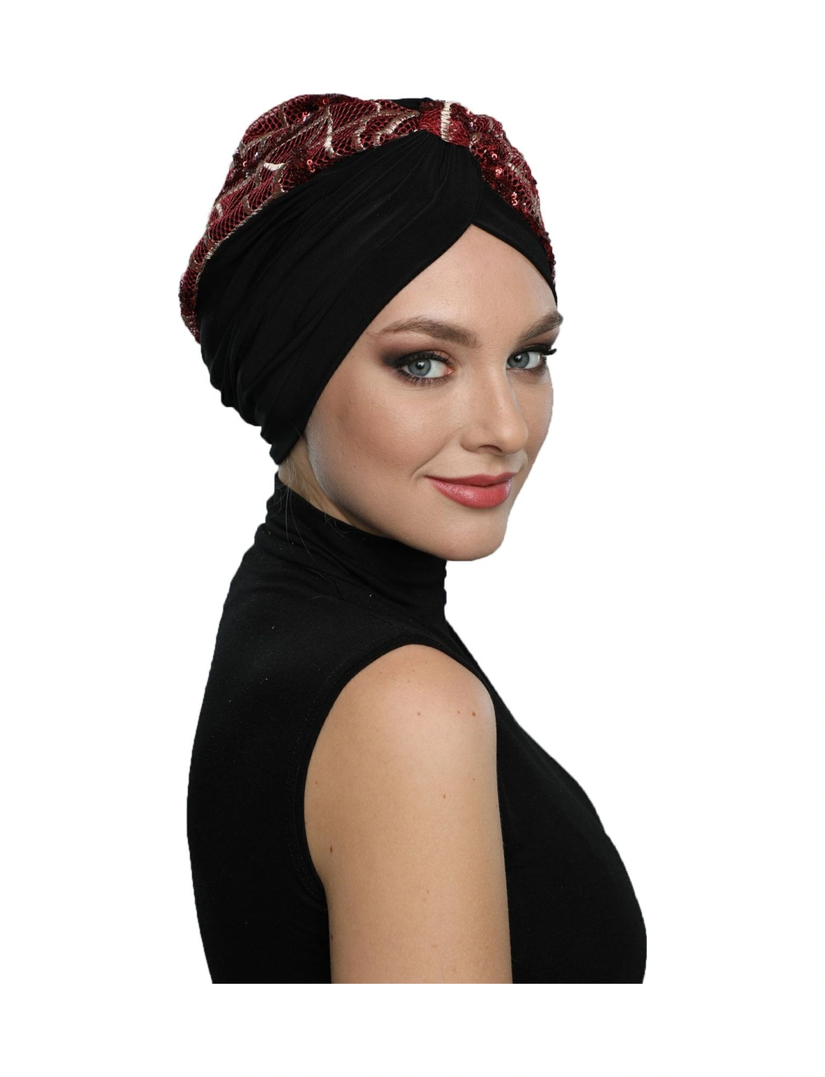 Özel Tasarım Siyah Bej-bordo Pullu Fileli Etnik Desenli Astarlı Hazır Türban Tesettür Abiye Bone Siyah22