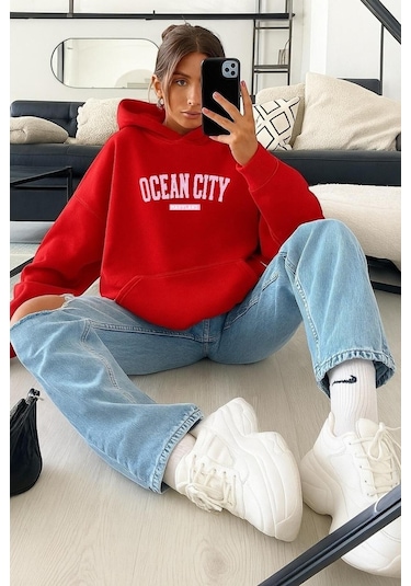 Benroma 3 İplik Penye Ocean Cıty Baskılı Sweatshırt Kırmızı