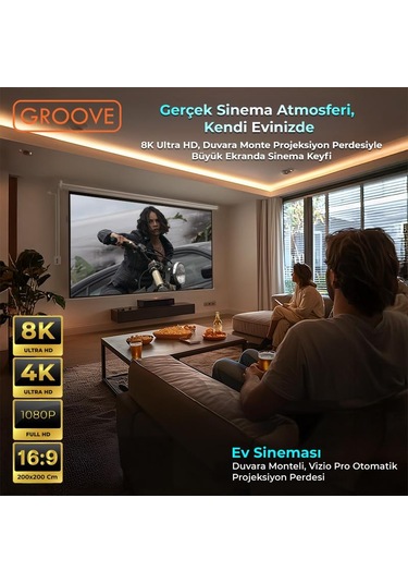 Groove Vizio Pro 200x200cm Blackout Işık Geçirmez Elektrikli Otomatik Kumandalı Projeksiyon Perdesi +motorlu+canlı Renkler+göz Koruması+leke Tutmaz Projector