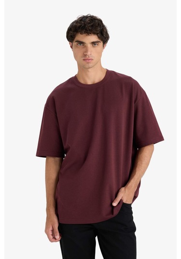 Defacto Oversize Geniş Kalıp Bisiklet Yaka Kısa Kollu Tişört E9798ax25aubr230 Bordo