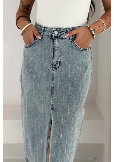 Paralel Taşlı Yırtmaçlı Denim Etek Mavi Mavi