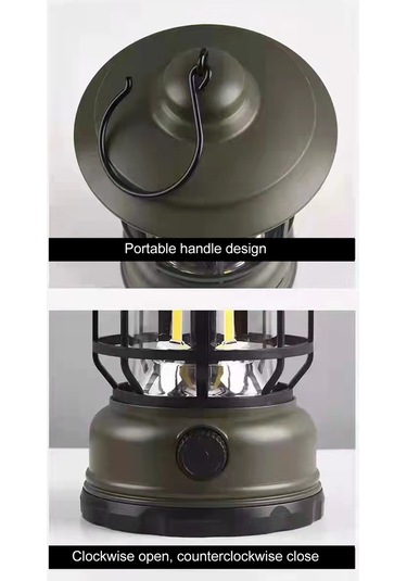 Youtek Klasik Kamping Feneri, 360 Aydınlatma, Düğme İle Parlaklık Ayarlı, Ipx4 Su Geçirmez, 1200mah Pil, Asker Yeşili Şarjlı Yeşil